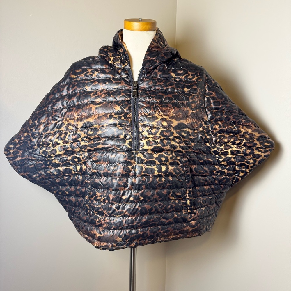 THINK ROYLN Leopard Print 1/4 Zip Down Fill Puffer Poncho BROWN-ROSE GOLD / XS-S